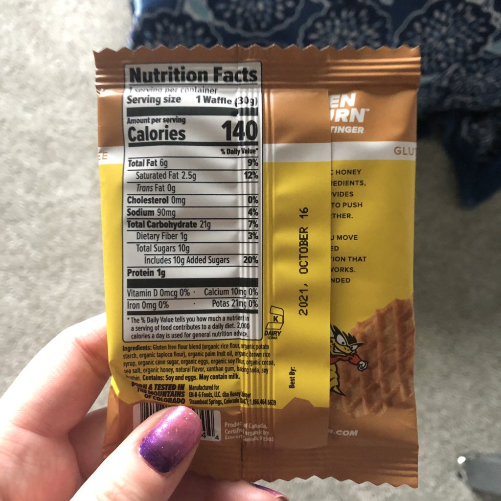 Nutrition facts for a Honey Stinger waffle. 